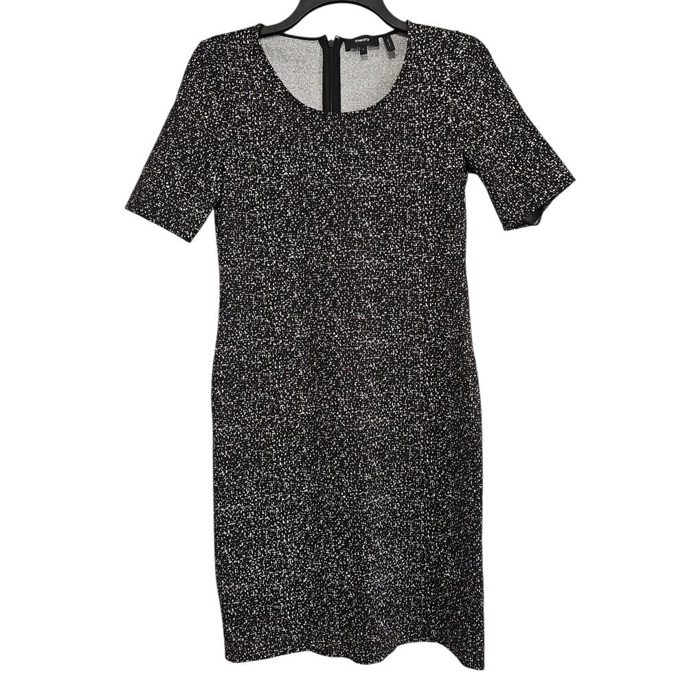 Theory Mini Dress Speckled Black Womens 2 Short Sleeve Chic Modern